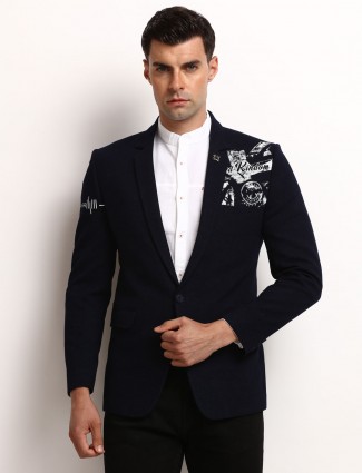 Navy printed one buttoned placket blazer