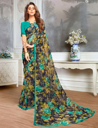 Navy printed saree in georgettte for festive occasions