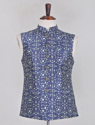 Navy printed waistcoat in raw silk for party occasion