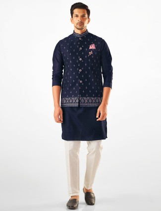 Navy raw silk with thread work mens waistcoat set