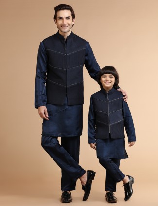 Navy silk father and son waistcoat set
