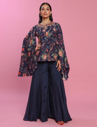 Navy silk floral printed palazzo suit