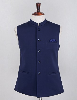 Navy silk party wear solid waistcoat set for mens