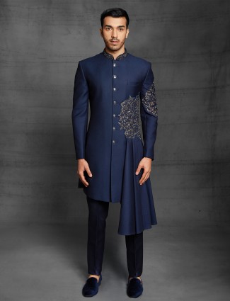 Navy terry rayon party and wedding wear indo western