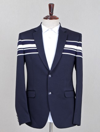 Navy terry rayon stripe blazer for party wear