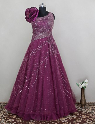 Net wedding wear purple floor length designer gown