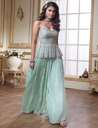 Ocean green palazzo set for wedding functions in tissue silk