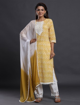 Ochre yellow cotton printed festive wear punjabi style pant suit
