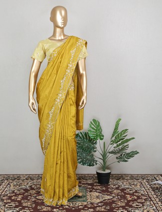 Ochre yellow fabulous silk sari for wedding with ready made blouse