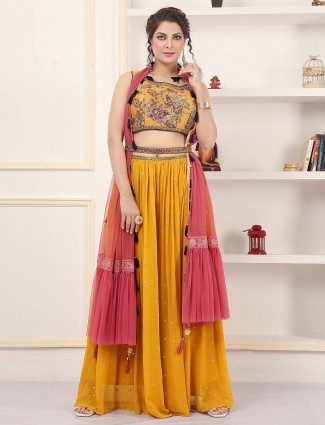 Ochre yellow palazzo suit for wedding with contrast shade odhani