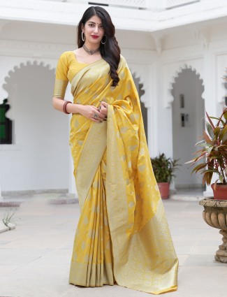 Ochre yellow pretty banarasi silk wedding saree
