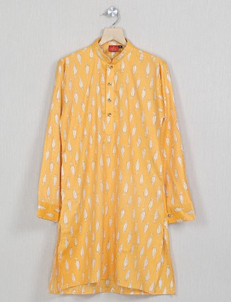 Ochre yellow printed cream cotton kurta suit for boys