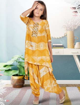 Ochre yellow wedding events girls dhoti suit in georgette