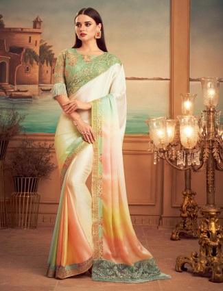 Off-white attractive festive and party satin saree