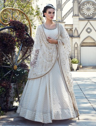 Off white cotton silk festive floor length anarkali salwar suit