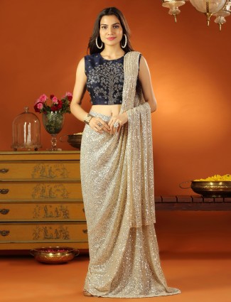 Beige ready to wear saree with readymade blouse with sequins details
