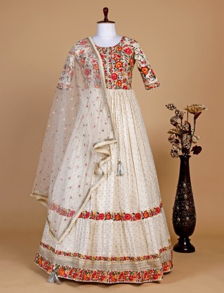 Off white silk floral embroidery anarkali suit