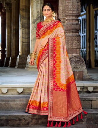 Off-white zari weave wedding look patola silk saree