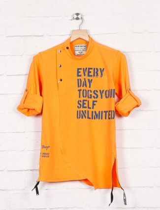 Okids orange printed party wear shirt