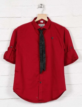 Okids red solid party wear shirt