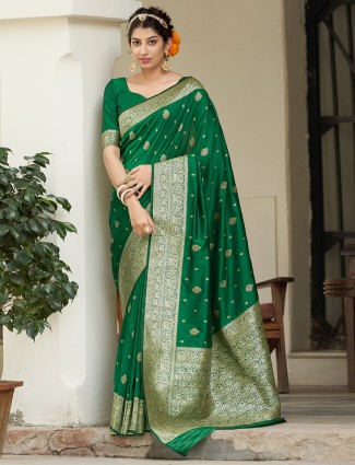 Forest green color shades designer wedding wear banarasi silk sari