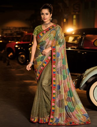 Olive and multi color shades designer wedding wear lycra sari