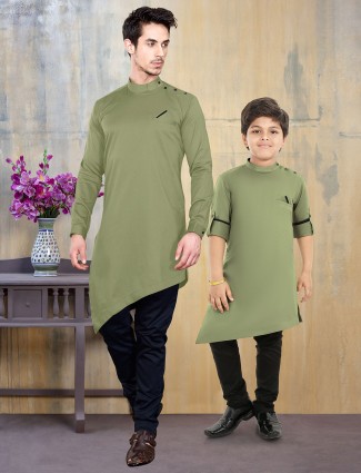 Olive green cotton silk solid father son kurta suit
