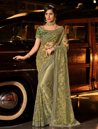 Olive innovative wedding and party functions sari in lycra 
