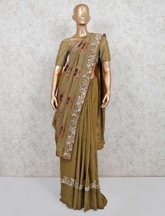 Olive raw silk festive or party saree