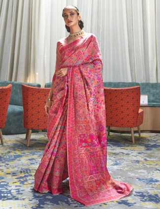 Onion pink color pashmina silk wedding printed saree