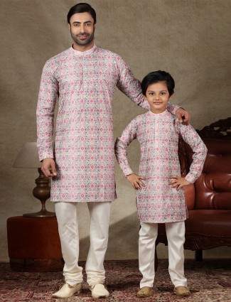 Onion pink cotton kurta suit for father and son