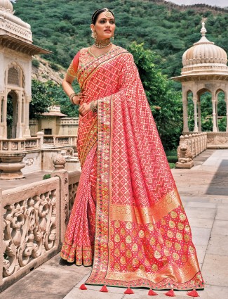Coral pink innovative bandhej patola silk wedding saree