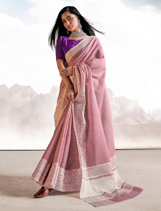 Onion pink linen thread weaving saree for festive ceremonies