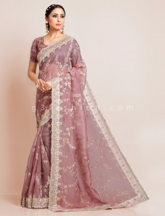 Onion pink organza tissue silk wedding special saree