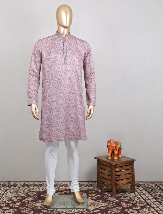 Onion pink printed cotton silk kurta suit for men