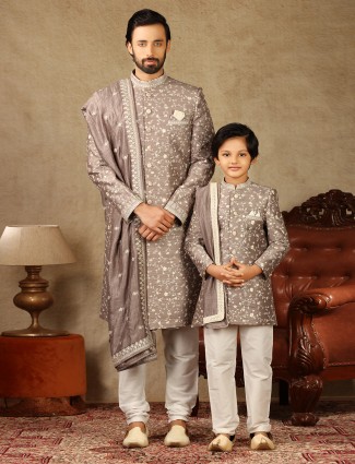 Onion pink raw silk fabric father and son concept sherwani for wedding