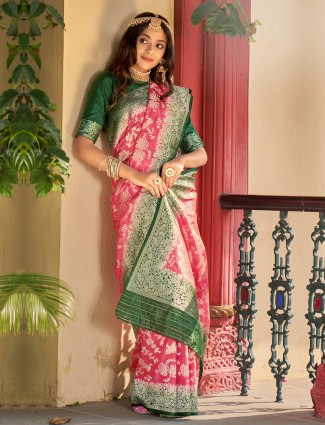 Onion pink wedding banarasi silk saree for beautiful lady