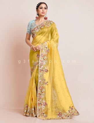 Oragnza tissue silk wedding saree in yellow