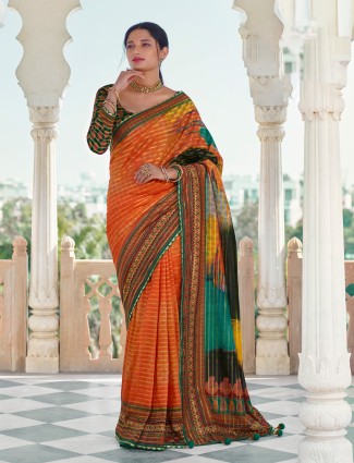 Orange alluring festive look printed saree in cotton