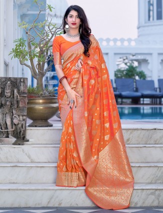 Orange color fabulous beautiful wedding ceremonies saree