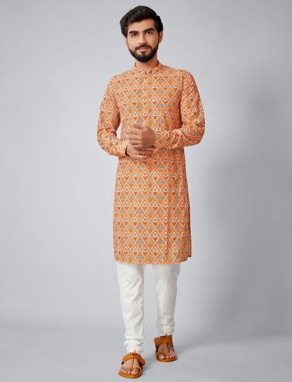 Orange hued printed kurta suit in cotton silk