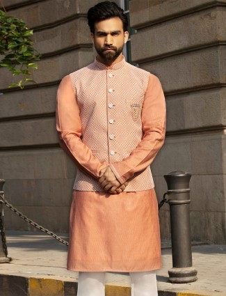 Orange mens raw silk kurta suit