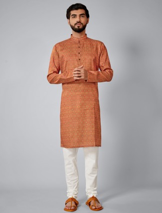 Orange printed cotton silk kurta suit for men