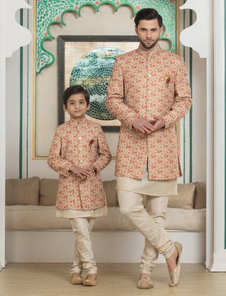 Orange printed silk father son matching indo western