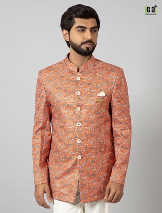 Orange printed terry rayon jodhpuri suit for party