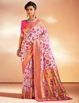 Paithani silk flamingo pink weddding wear saree