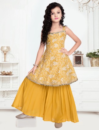 Palazzo style yellow hued party wear salwar suit