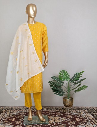 Pant style honey yellow hue wedding wear suit in cotton silk