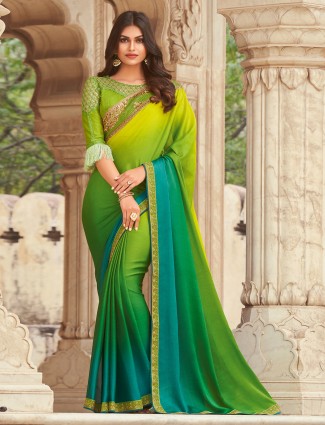 Parrot green fabulous satin saree for festive look