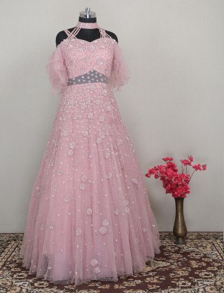 Party ceremonies designer net gown in baby pink